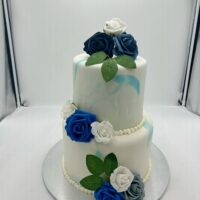 Double Barrell Two Tier Fondant Blue Marble with Roses Arrangement